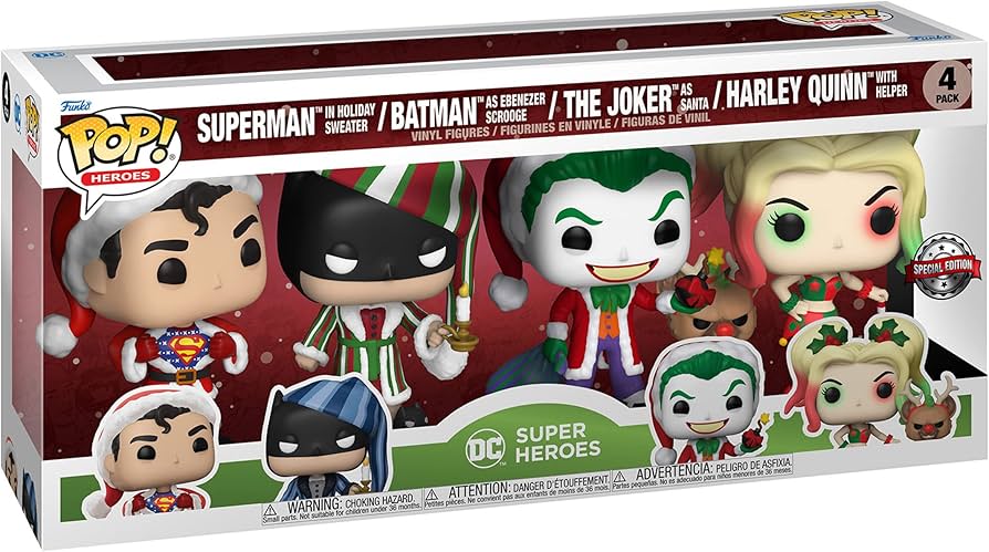 DC Comics Superman (In Holiday Sweater), Batman (As Ebenezer Scrooge), The Joker (As Santa) & Harley Quinn (With Helper) Funko Pop! Vinyl Figure 4-Pack
