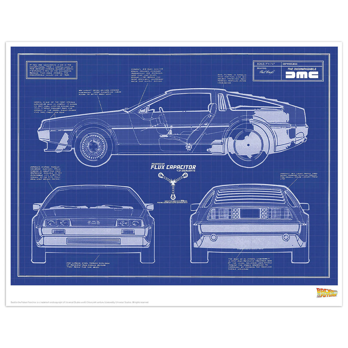 Back to the Future Limited Edition DeLorean Blueprint Art Print