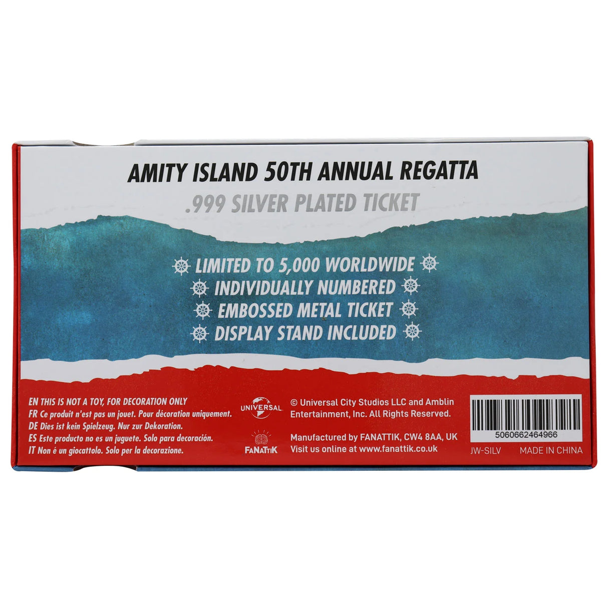 Jaws Limited Edition .999 Silver Plated Amity Island 50th Annual Regatta Ticket